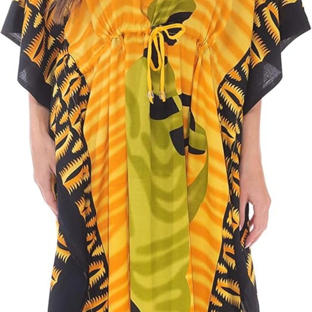 African Print Caftan Women Maxi Dress V-neck Belt Short Sleeve Comfortable